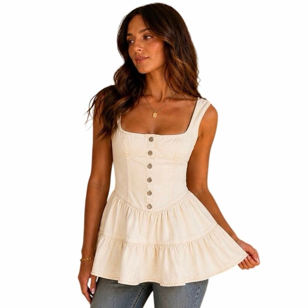 Peppermayo Cream Peplum Tank Top – Corset Style Button Front (US 6 / S)‎